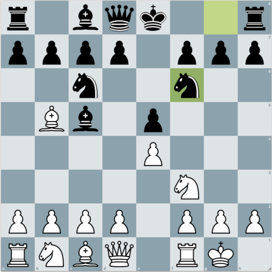 Weiß: Kg1, Dd1, Tf1, Ta1, Lc1, Lb5, Sc3, Sf3, a2, b2, c2, d2, e4, f2, g2, h2
      Schwarz: Ke8, Dd8, Ta8, Th8, Lc8, Lc5, Sc6, Sf6, a7, b7, c7, d7, e5, f7, g7, h7